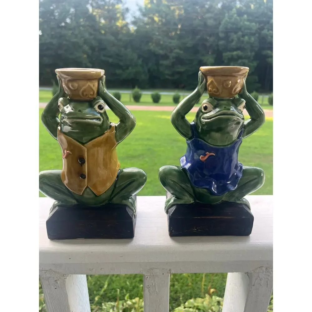 Vintage Ceramic Frog Candle Holder Pair